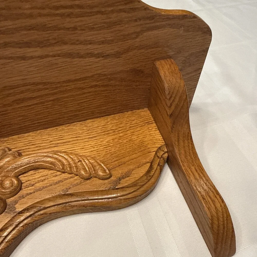 Vintage Solid Oak Hanging Wall Shelf Carved Floral Scroll Appliqué 16” Farmhouse